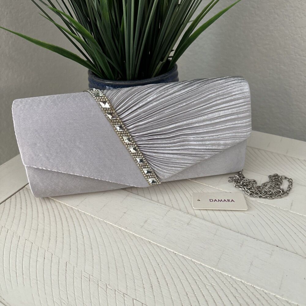 New Damara Evening‎ Handbag Crystal Embellished Pleated Satin Clutch Gray Purse